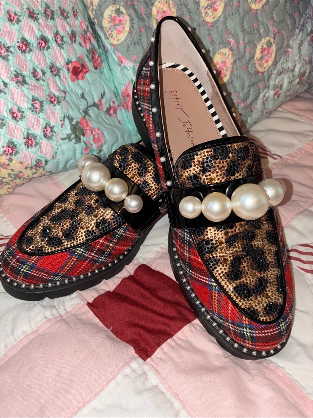 NEW Betsey Johnson Red Plaid & Leopard Print Pearl-Trim Loafers 8.5